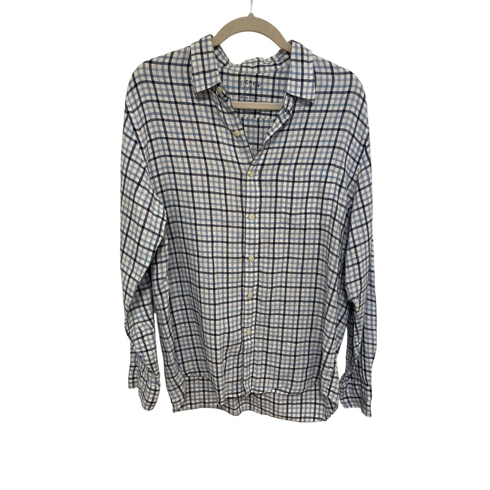 J Crew Button Down Shirt‎ Irish Linen Large Blue White Plaid Long Sleeve
